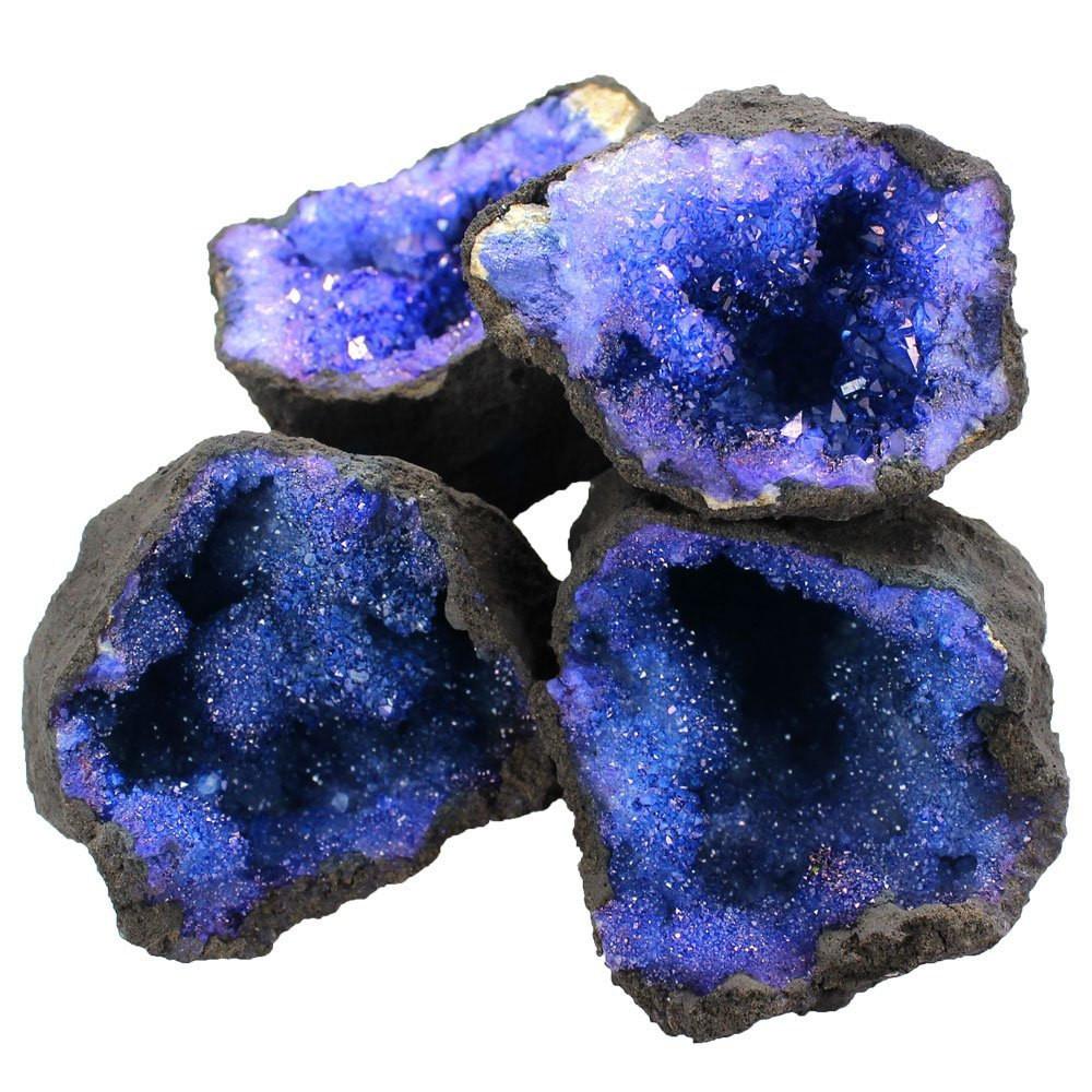  2 Blue Color Dyed Druzy Geodes opened to see inside druzy