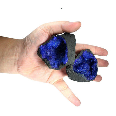  Blue Color Dyed Druzy Geodes opened in a hand for size reference