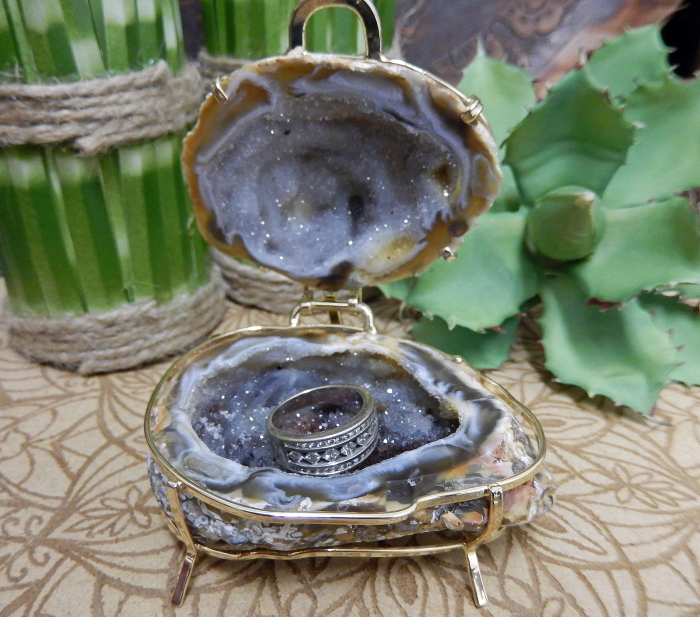Geode Box Ring Holder with decorations in the background