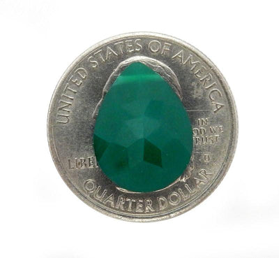 Green Onyx Drilled Teardrop Briolette Faceted Bead displayed on quarter for size reference