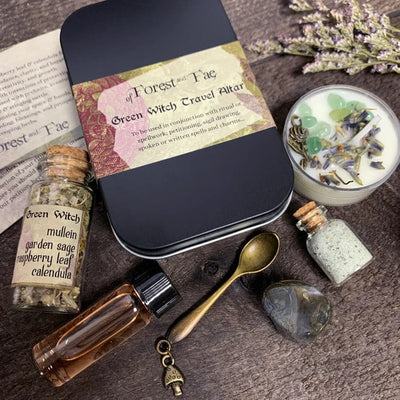 travel kit includes herb vile, water vile, candle, salt vile, moss agate tumbled stone and kit spoon 