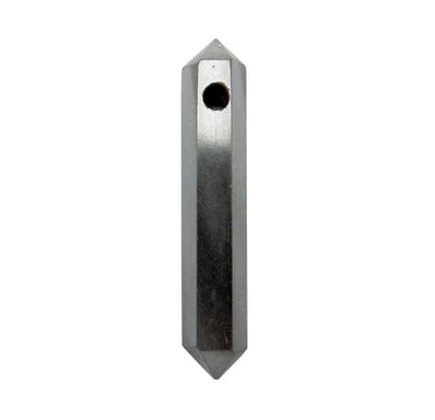 single head drilled hematite double terminated pencil point bead showing size reference and design