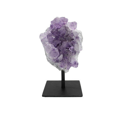 One amethyst cluster on a black metal stand on a white background.