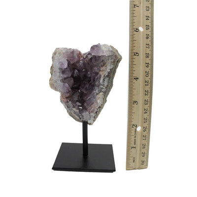 One amethyst cluster on a black metal stand on a white background with a ruler next to it showing it is around 5 to6 inches tall