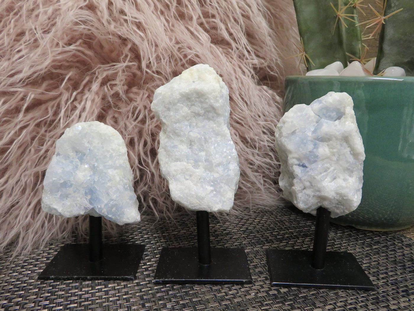 blue calcite on metal stand - 3 in a row