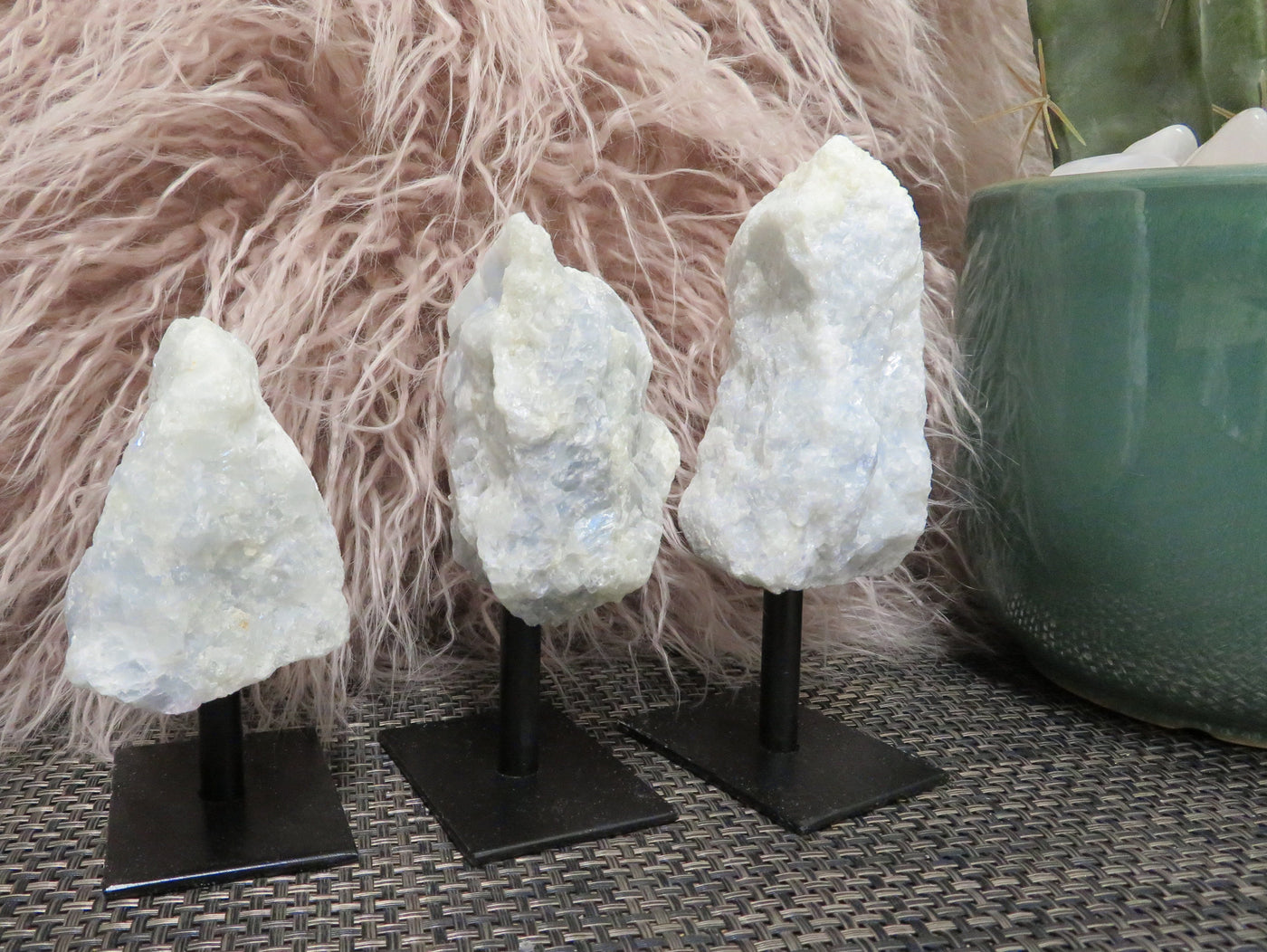 3 blue calcite on metal stands