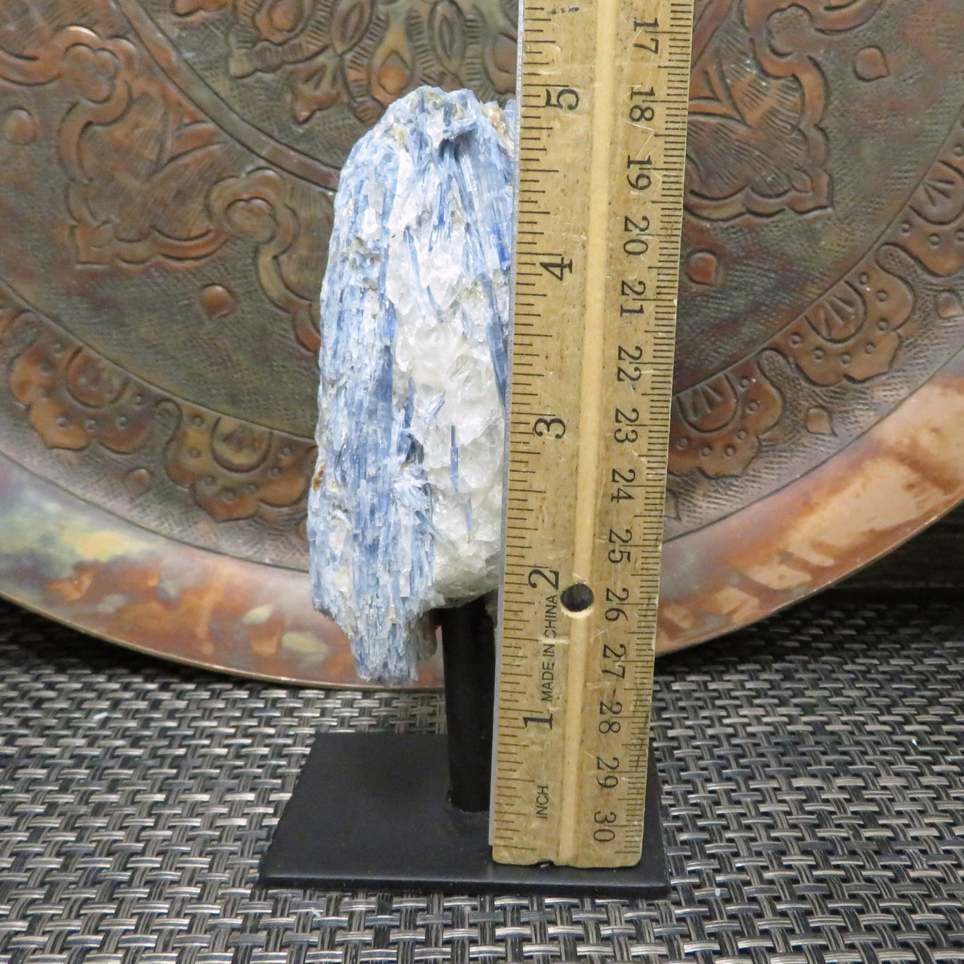 Blue Kyanite on Metal Stand with a ruler for size reference
