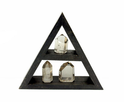 Triangle Crystal Display Wood Shelf with two tiers displayed crystal points on white background crystals not included