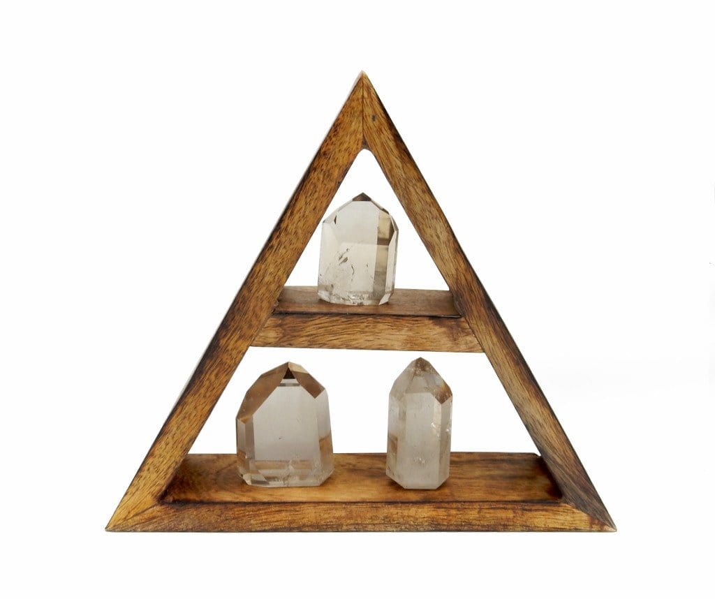 Tan wood shelf Triangle displayed with crystals on white background crystals not included