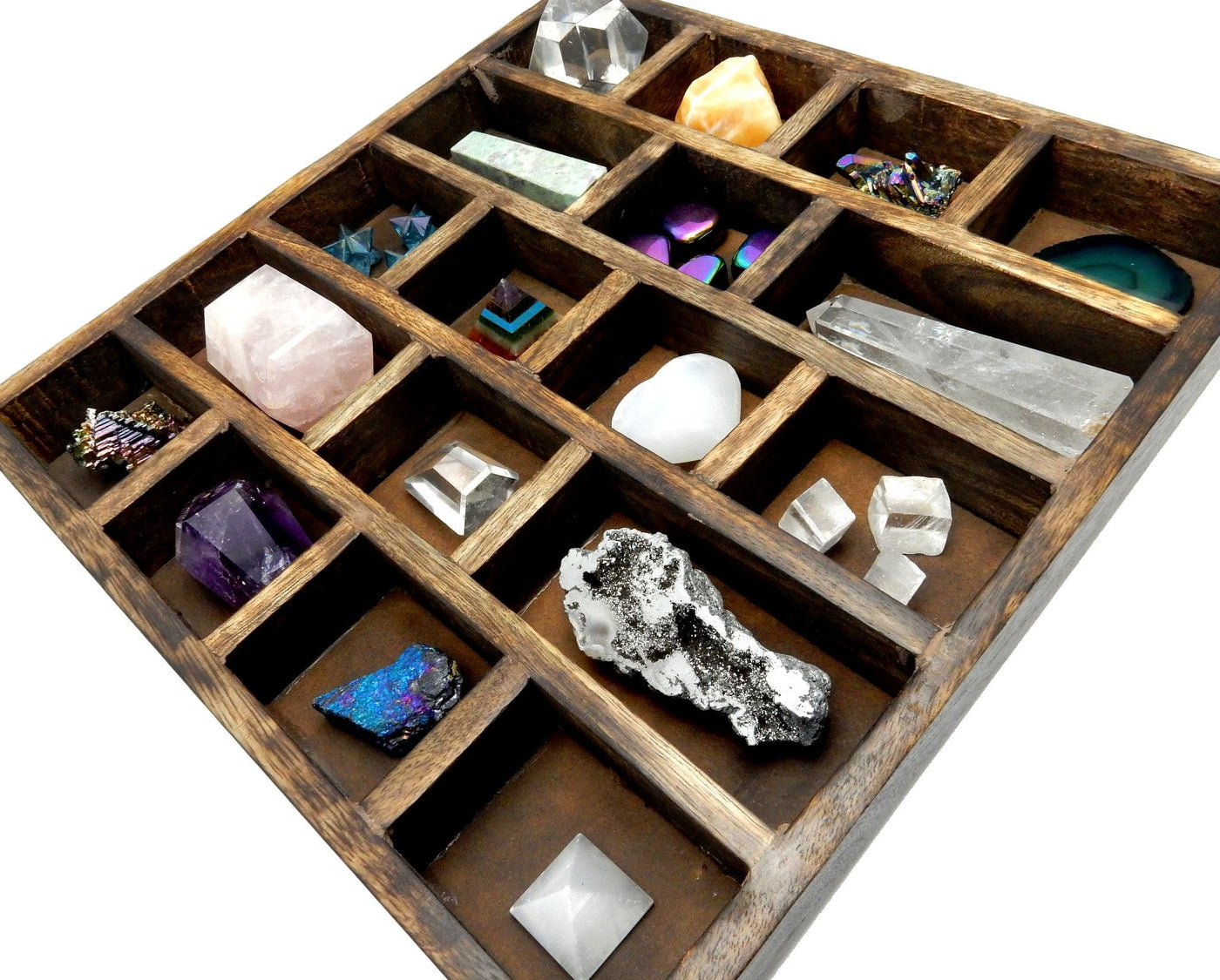 A side view of a brown crystal Collector Display Organizer to fit 18 beautiful small crystals and stones