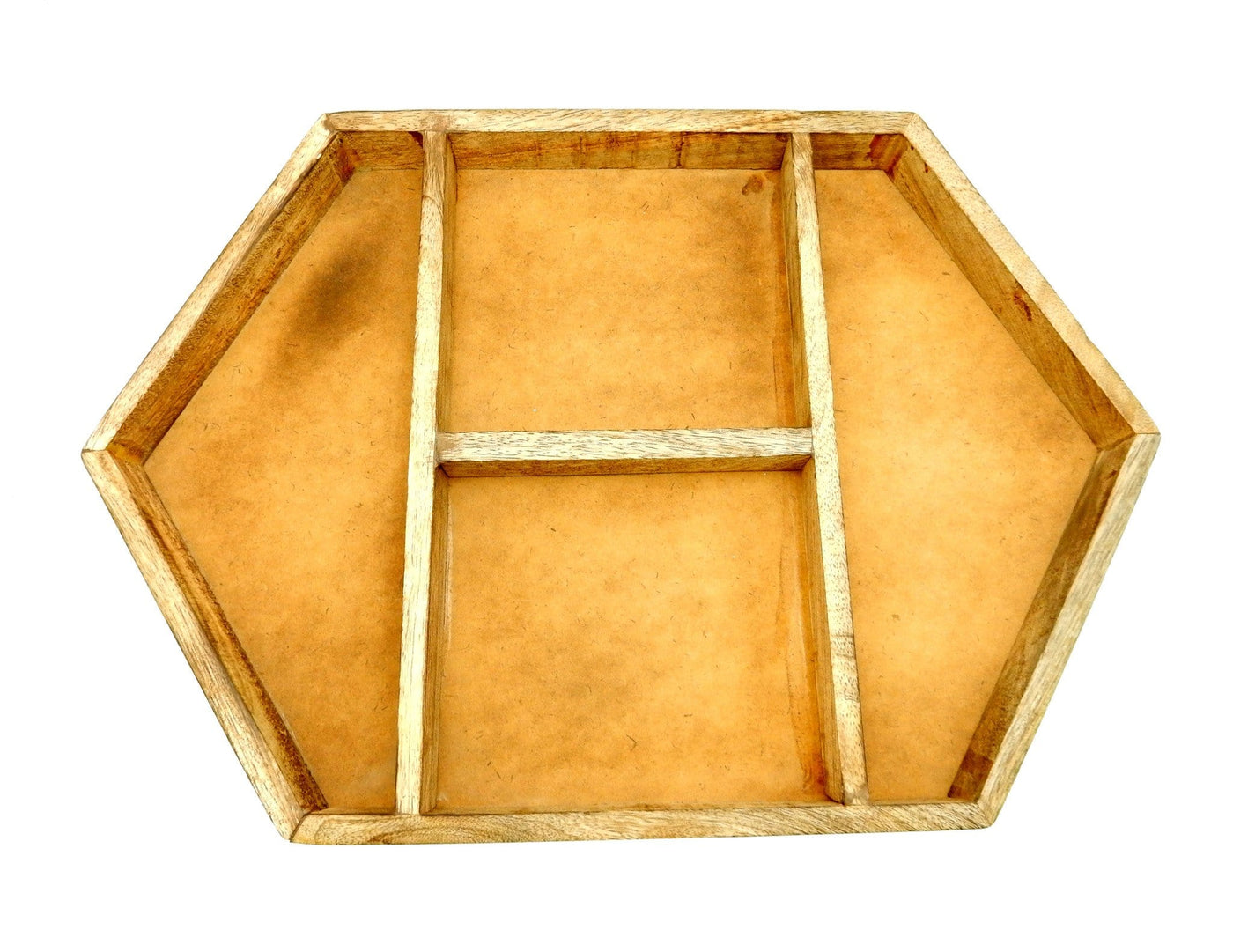 wood tray with crystals on white background