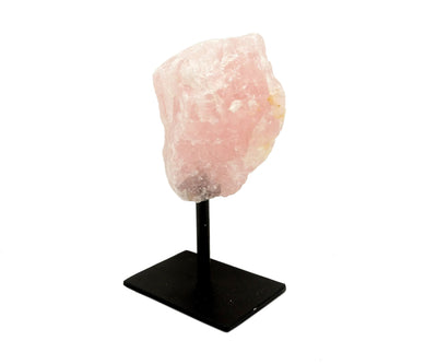 angled view of Rose Quartz on Metal Stand on white background