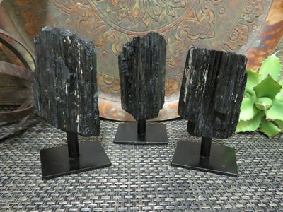 3 Tourmaline on Metal Stands in a row on display