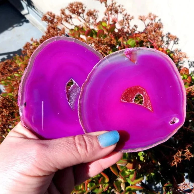 2 Pink Agate Slices Druzy Center Set in a hand for size reference