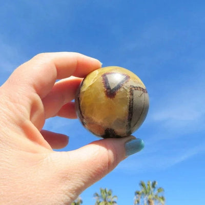 Septarian Sphere in a hand held up to the sky