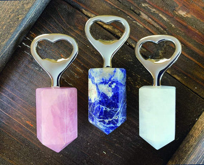 Natural Stone Bottle Opener - rose,sodalite,and crystal on a wooden tray