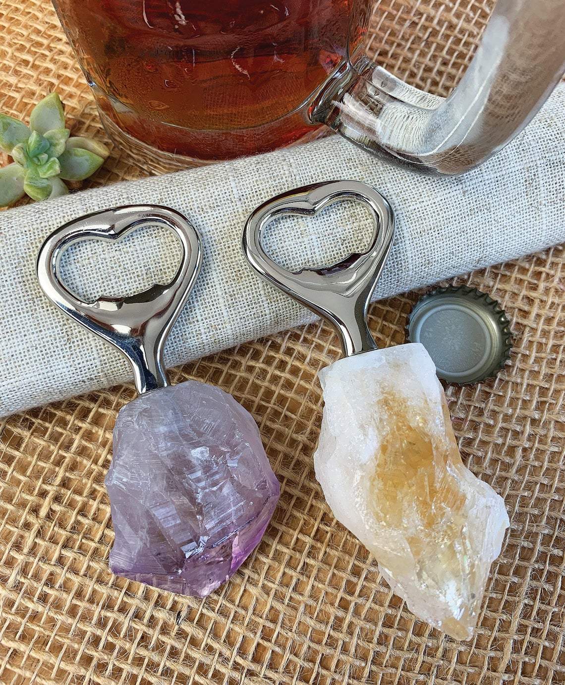 Natural Stone Bottle Opener - amethsyt and citrine on a table