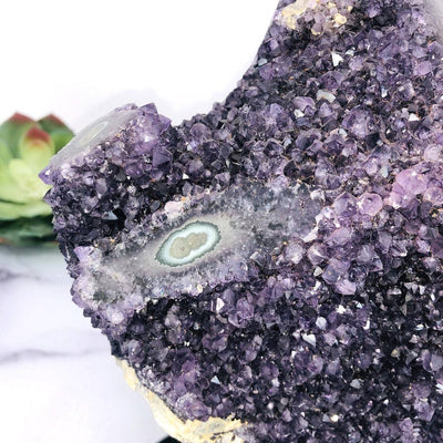 up close shot of Amethyst Purple Geode Crystal With Stalactite on Metal Stand with succulent in the background