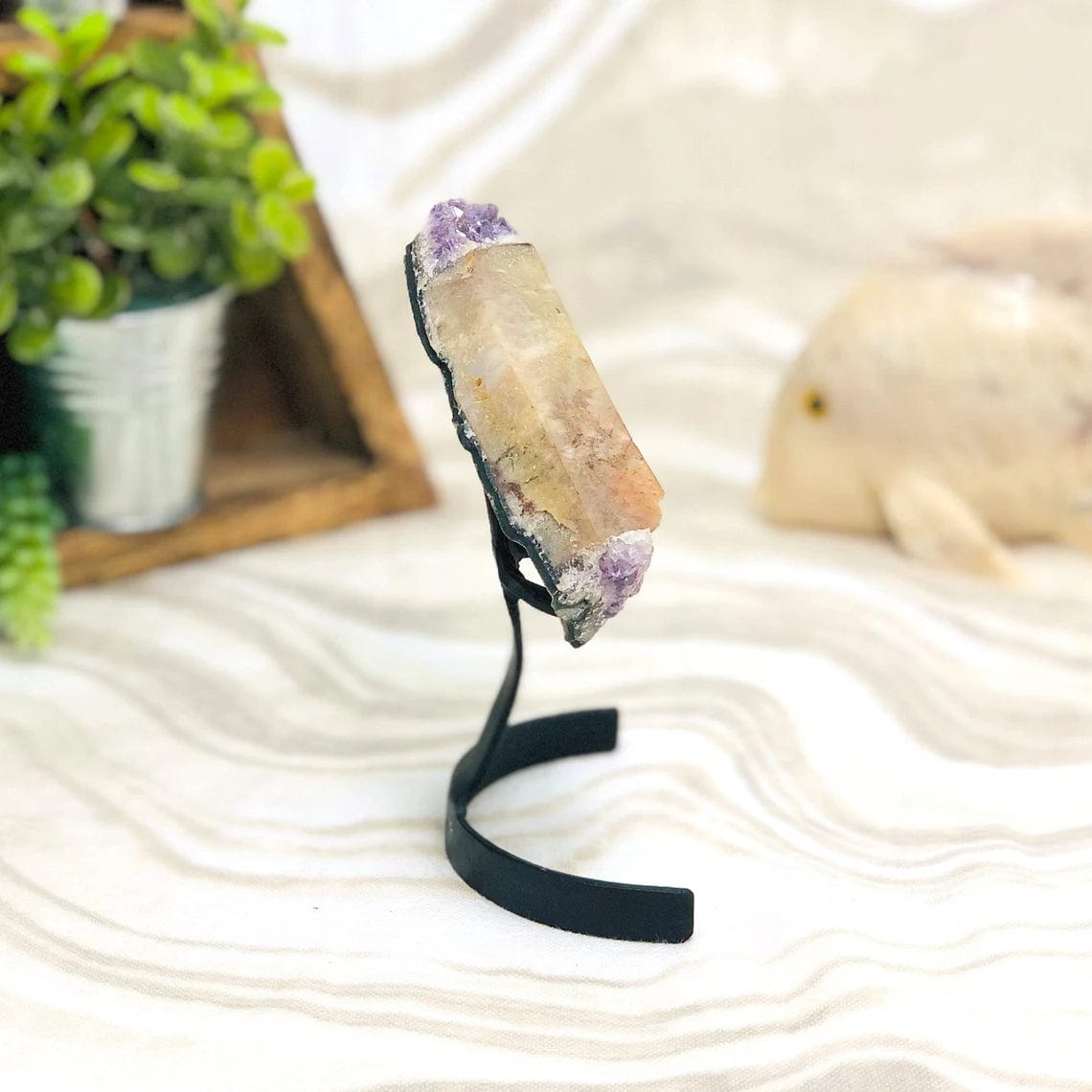 Amethyst Crystal Purple Geode With Calcite on Metal Stand from other side view