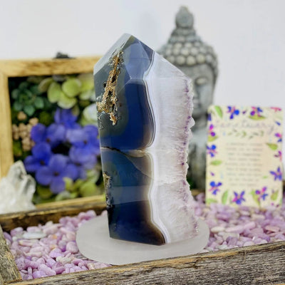 Agate Druzy Polished Tower Point Cut Base from the side