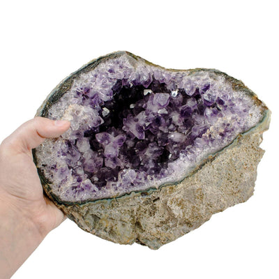 Amethyst geode held in a hand on a white background.