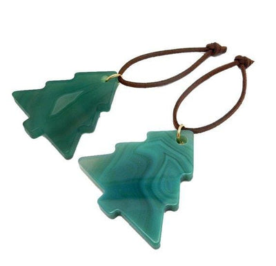 Picture of our green color agate tree Christmas ornaments on a white back ground.