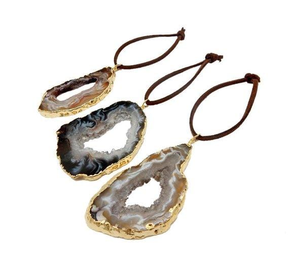 Freeform Gold Trim Agate Christmas Ornaments from a side view to see thickness, about .125"