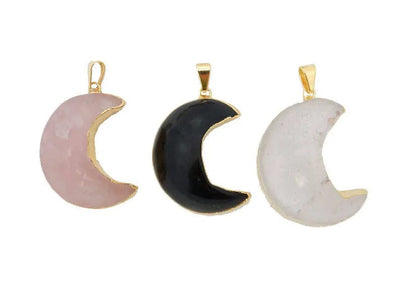3 pendants in a row, rose quartz, black onyx and crystal quartz, all with gold electroplating