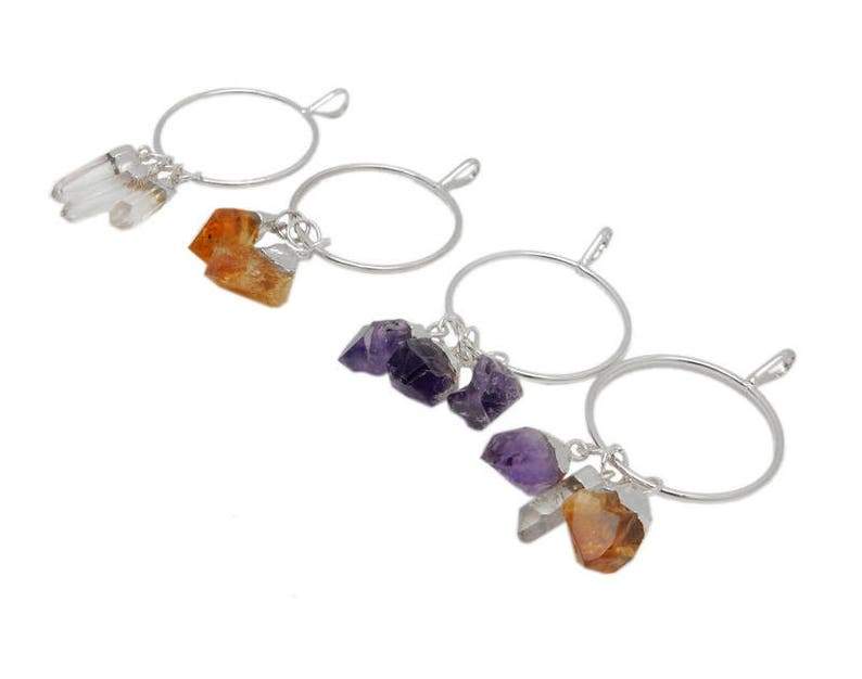4 Silver Hoop Pendant with 3 Dangling Crystal Points on each hoopone with Crystal points, one with citrine points, one with amethyst points, one with 1 of each point