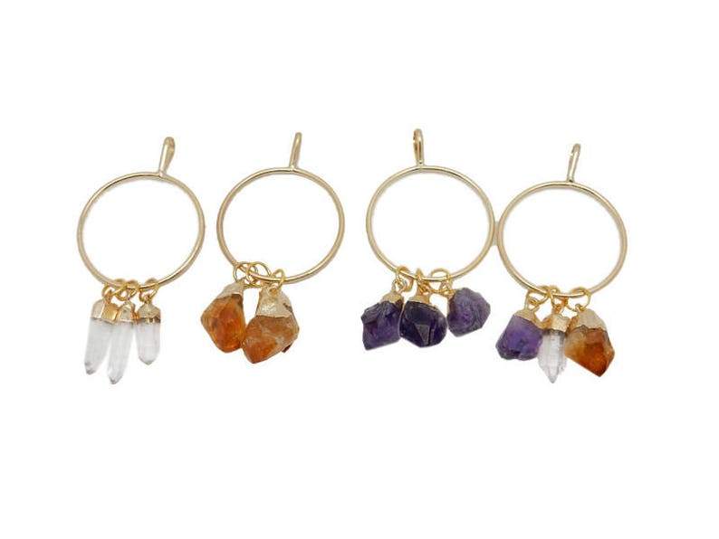 4 Gold Hoop Pendant with 3 Dangling Crystal Points on each hoopone with Crystal points, one with citrine points, one with amethyst points, one with 1 of each point
