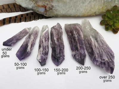 Showing the Elestial Amethyst Point by Weight line up available starting under 50 grams to 250 grams 
