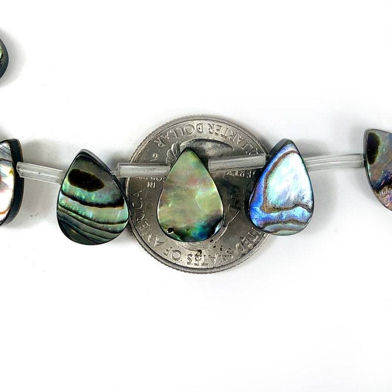 Abalone Drop Beads on a strand displayed on top of a quarter.