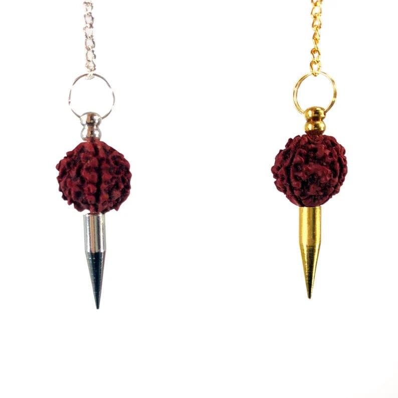 Two radruska pendulums on a white background  They have a brown radruska bead with a silver spike or a gold spike.