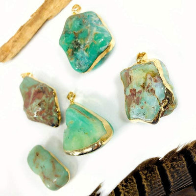 side view of 5 Chrysoprase pendants in Electroplated 24k Gold Edge and Bail 