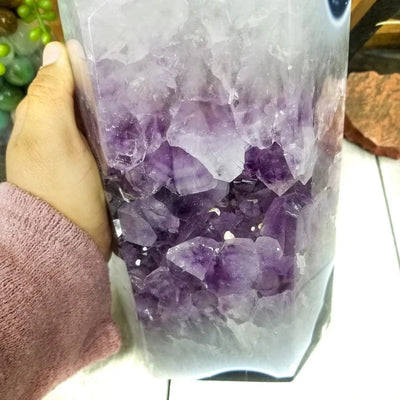 Polished Amethyst Cut Base Cluster with Calcite up close