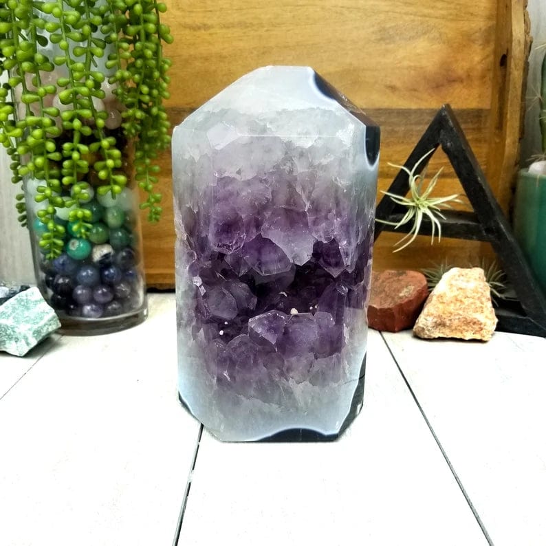 Polished Amethyst Cut Base Cluster with Calcite