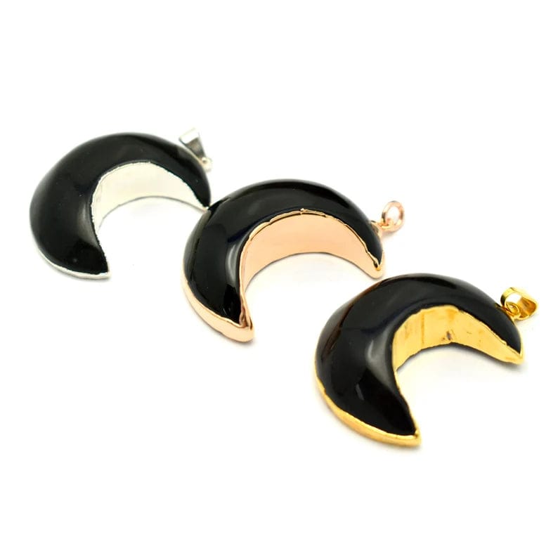 3 black onyx crescent moons with the 3 finishes, silver, rose gold, and gold