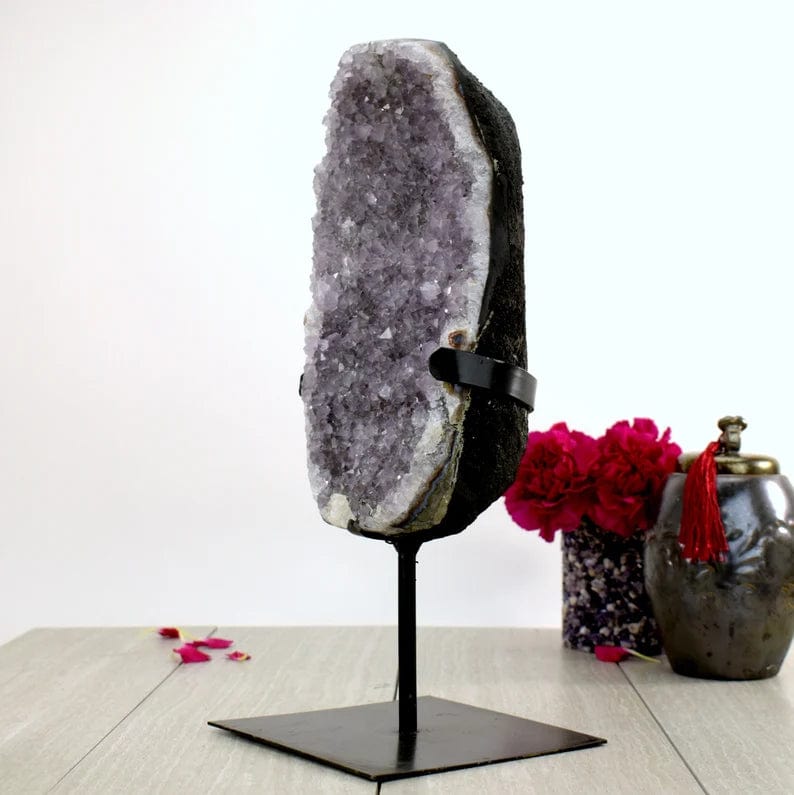 Amethyst Crystal Purple Geode on Metal Stand , side view showing thickness