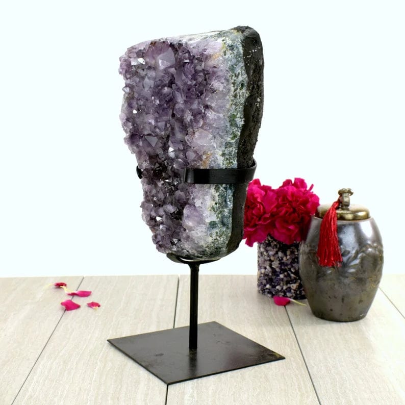 Amethyst Crystal Purple Geode on Metal Stand side view showing thickness