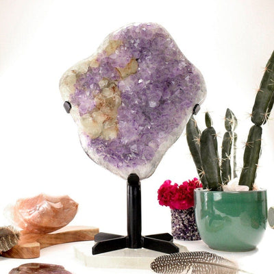 Amethyst Crystal Purple Geode on Metal Stand with decorations