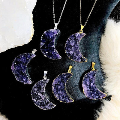 amethyst druzy moon pendants on necklace shain