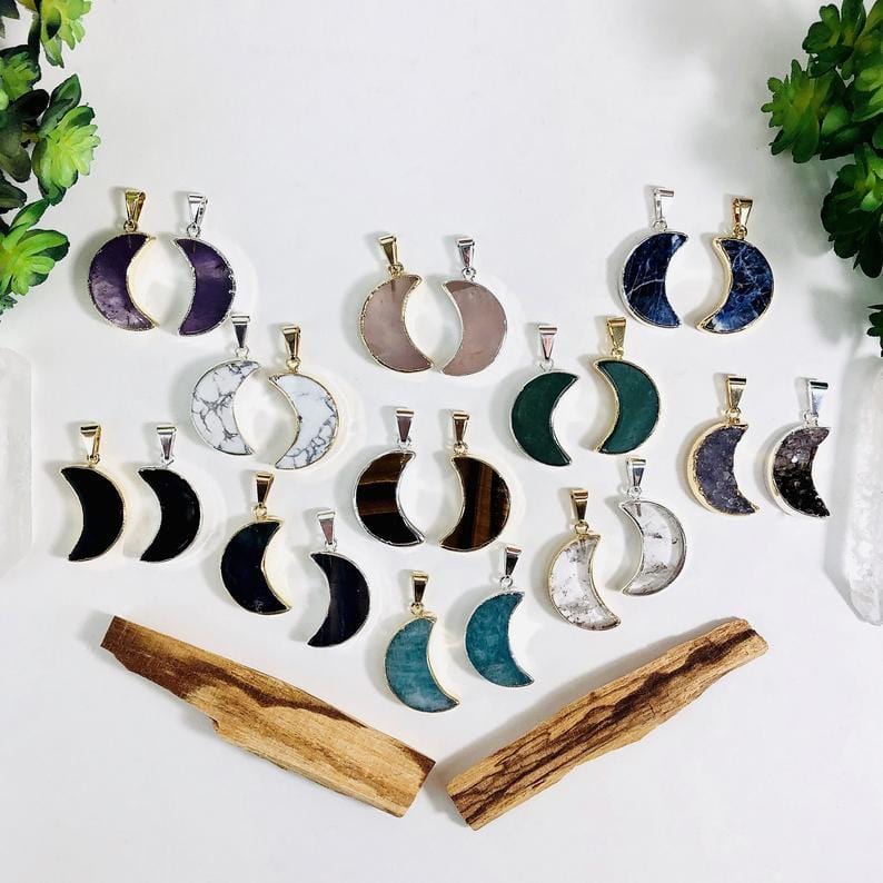 Gemstone Moon Pendants in Electroplated 24k Gold/Silver comes in amethyst rose quartz sodalite white howlite tigers eye green aventurine black obsidian fluorite amazonite crystal quartz natural druzy