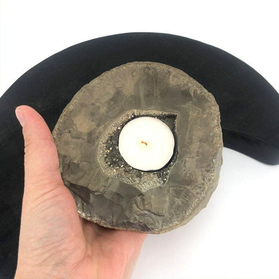 Titanium Geode Candle Holder with Druzy in a hand for size reference