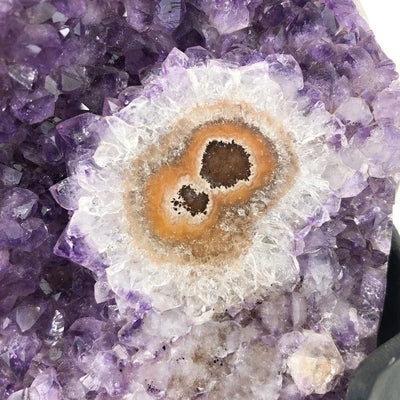 Amethyst Crystal Purple Geode With Stalactite on Metal Stand up close