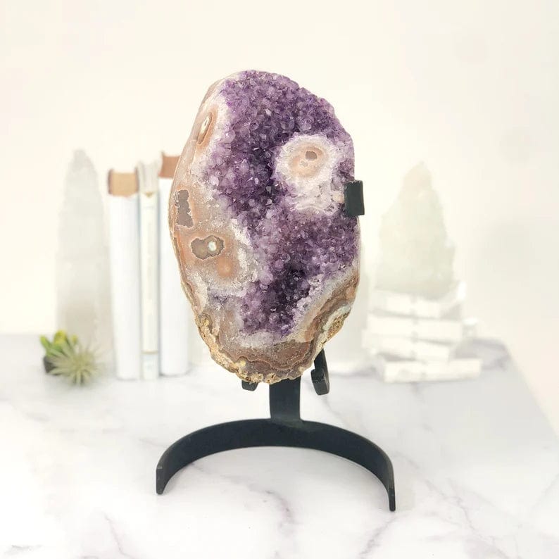 Amethyst Crystal Purple Geode With Stalactite on Metal Stand