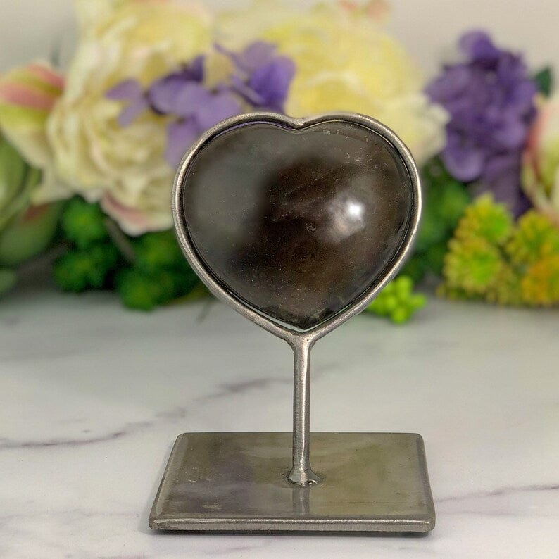 Front view Smoky Quartz Polished Heart on metal stand