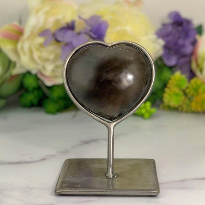 Front view Smoky Quartz Polished Heart on metal stand