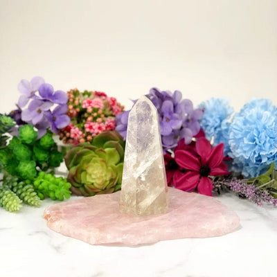 Crystal Quartz Polished Tower front view with a beautiful flowery background (flowers not included)