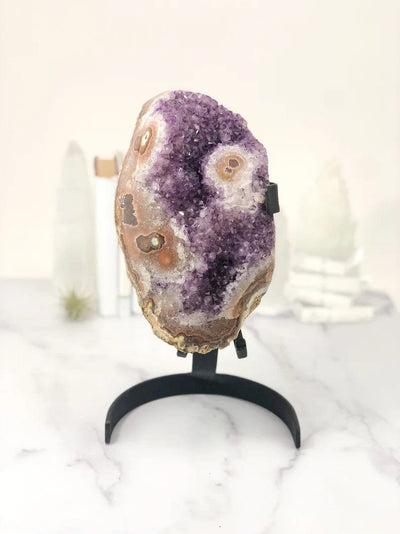 Amethyst Crystal Purple Geode With Stalactite on Metal Stand
