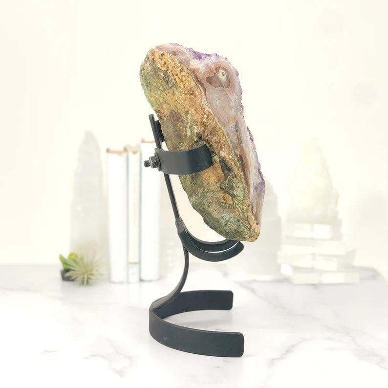 Amethyst Crystal Purple Geode With Stalactite on Metal Stand side view